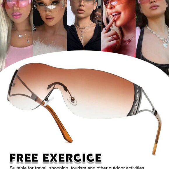 Y2K Sunglasses For Women Men Fashion Shield Rimless Wrap Around Sunglass Gradien - Picture 6 of 7